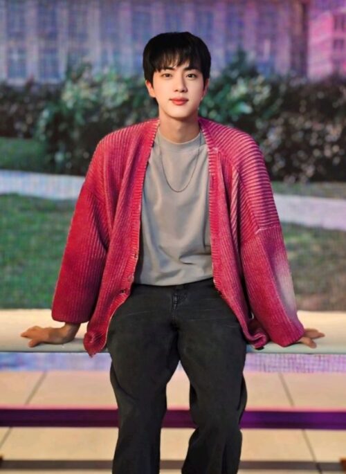 Pink Distressed Ribbed Cardigan | Jin - BTS