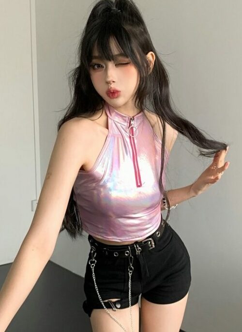 Pink Iridescent Zipper Halter Crop Top | Irene - Red Velvet