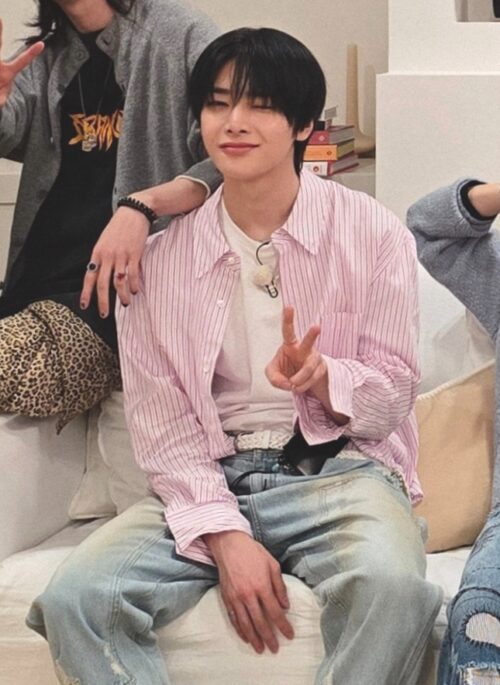 Pink Striped Button-Down Shirt | Jeongin - Stray Kids