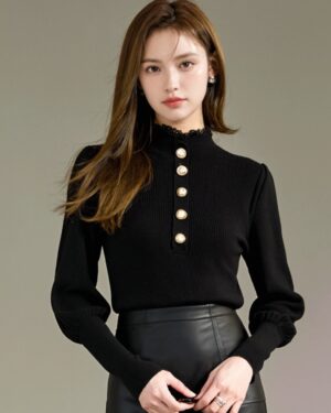 Stylish Black High Neck Knit Top With Lace Neckline