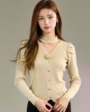 Beige Hollow Buttoned Knit Sweater Top With Front Slit