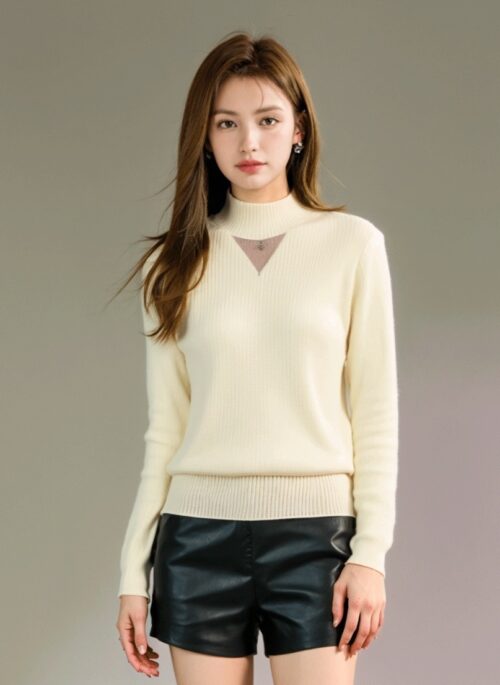 Thick Beige Knit Sweater With Fitted Waist