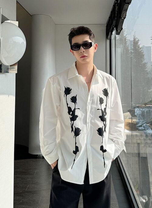 White Button Down Rose Print Shirt | Jungwon - Enhypen