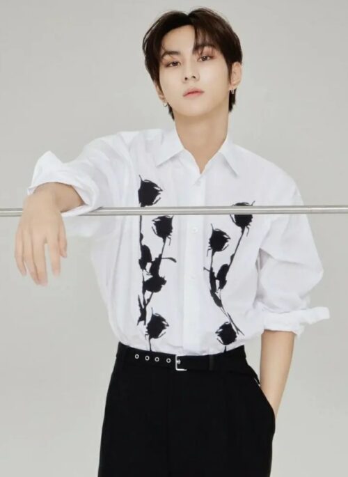 White Button Down Rose Print Shirt | Jungwon - Enhypen