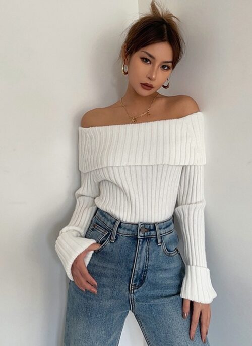 White Knit Off-Shoulder Ribbed Sweater | Irene - Red Velvet