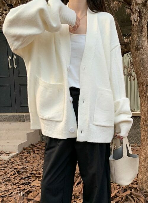 White Loose Cozy Cardigan | Momo - Twice