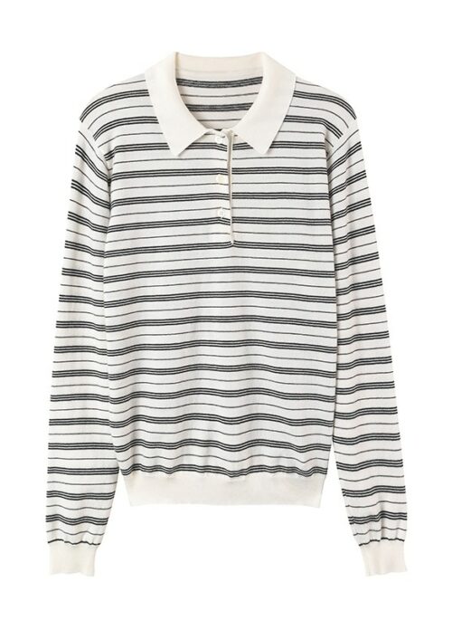 White Striped Long Sleeve Polo Shirt | Beomgyu - TXT