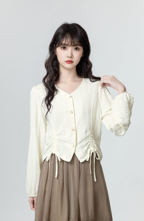 Beige Vneck Long Sleeve Drawstring Top - Image 2