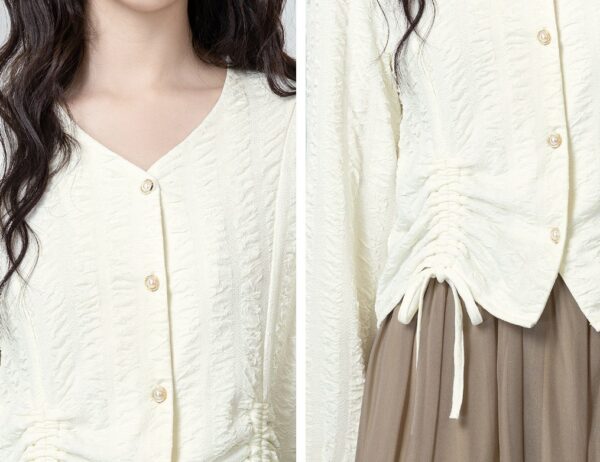 Beige Vneck Long Sleeve Drawstring Top - Image 6