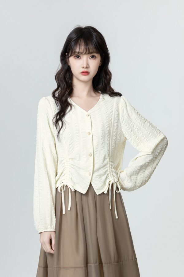 Beige Vneck Long Sleeve Drawstring Top - Image 3