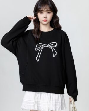 Black Bow Embroidered Crewneck Sweatshirt