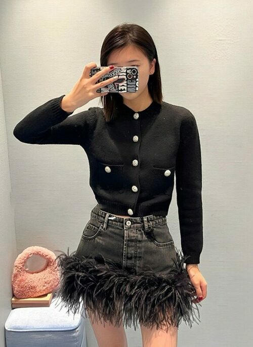 Black Furry Hem Denim Skirt | Jihyo - Twice