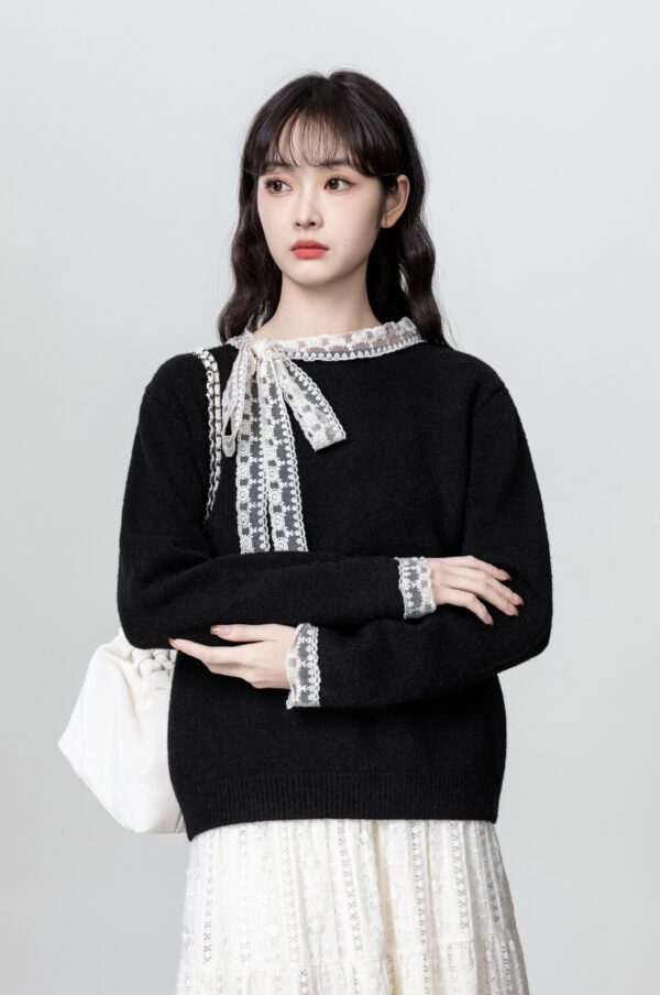 Black Lace Bow Knit Sweater Top - Image 3