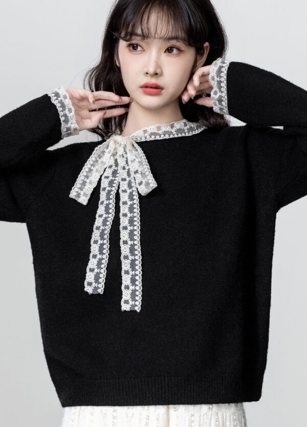 Black Lace Bow Knit Sweater Top - Image 2