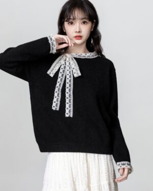 Black Lace Bow Knit Sweater Top