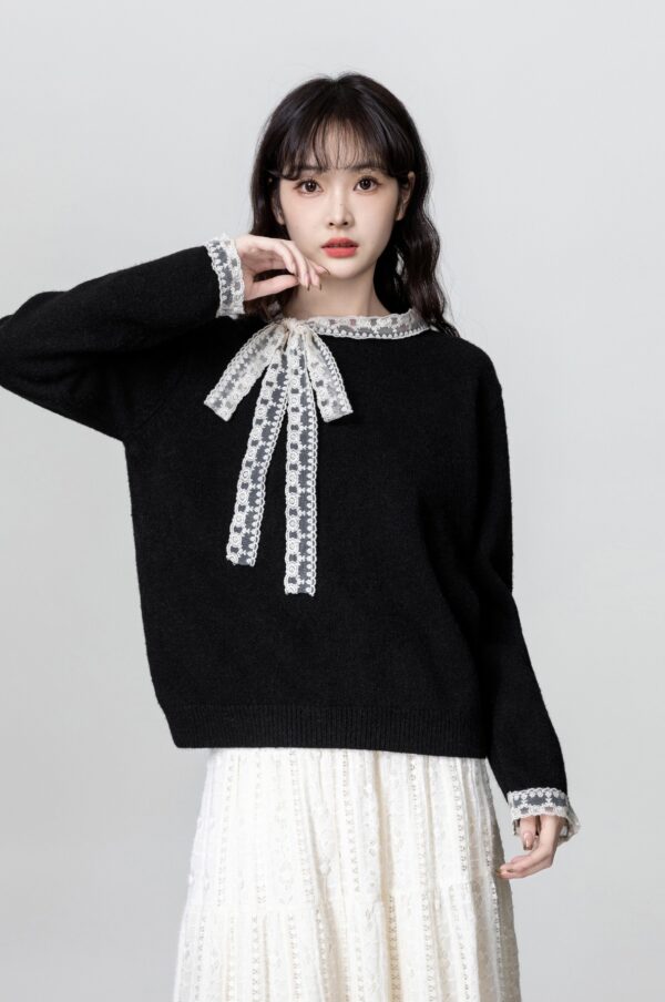 Black Lace Bow Knit Sweater Top