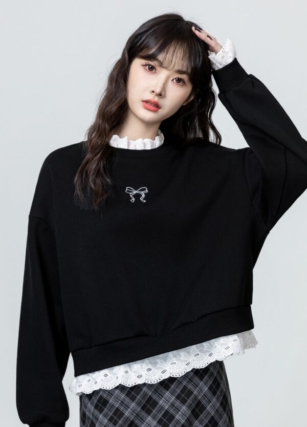 Black Lacetrimmed Fleece Sweatshirt - Image 2