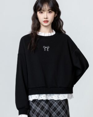 Black Lacetrimmed Fleece Sweatshirt