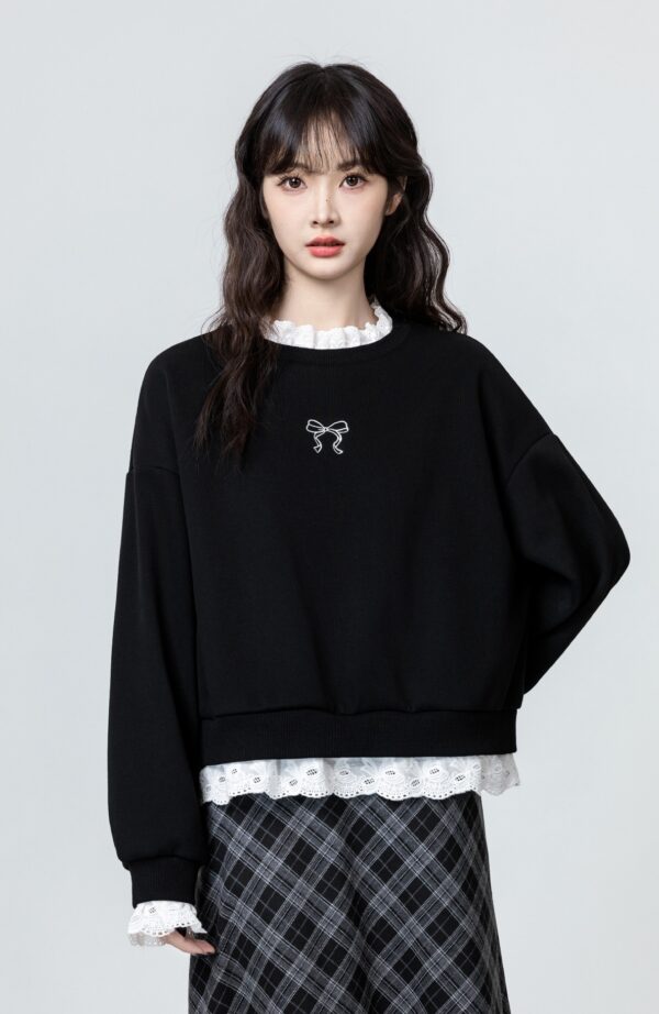 Black Lacetrimmed Fleece Sweatshirt