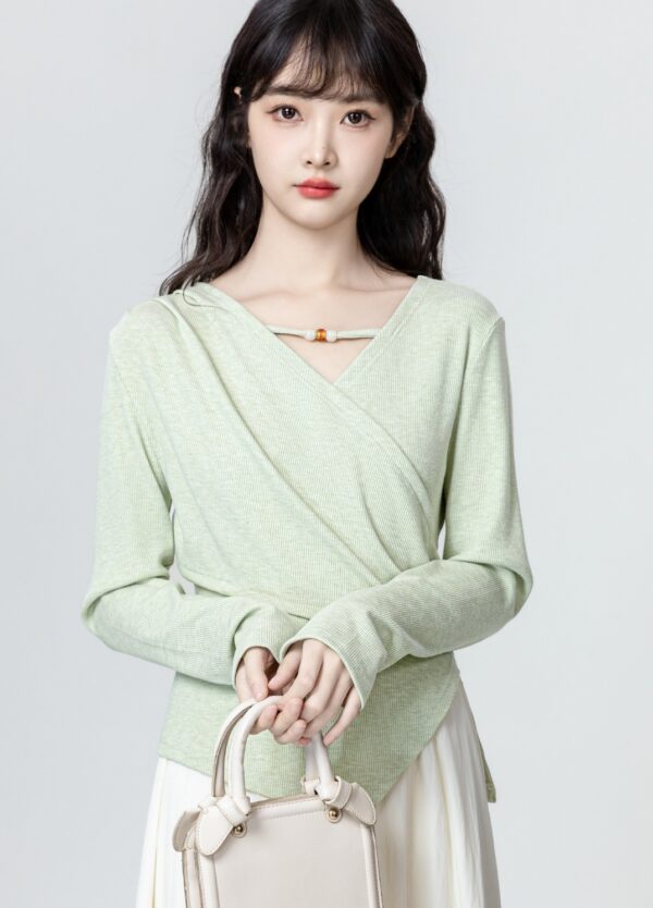 Chic Green Asymmetrical Vneck Top - Image 2