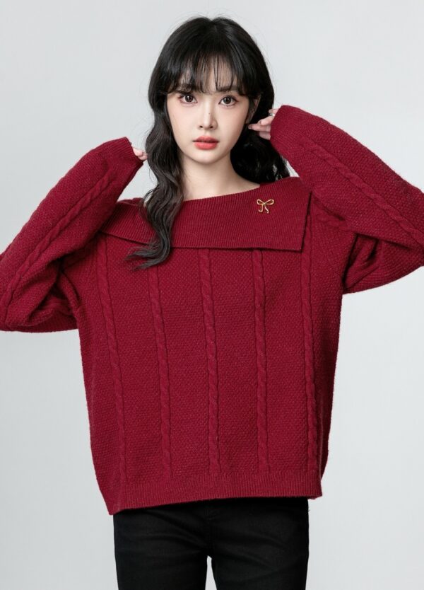 French Red Knit Sweater Top - Image 2