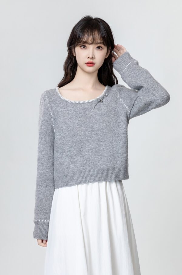 Gray Bow Knit Sweater Top