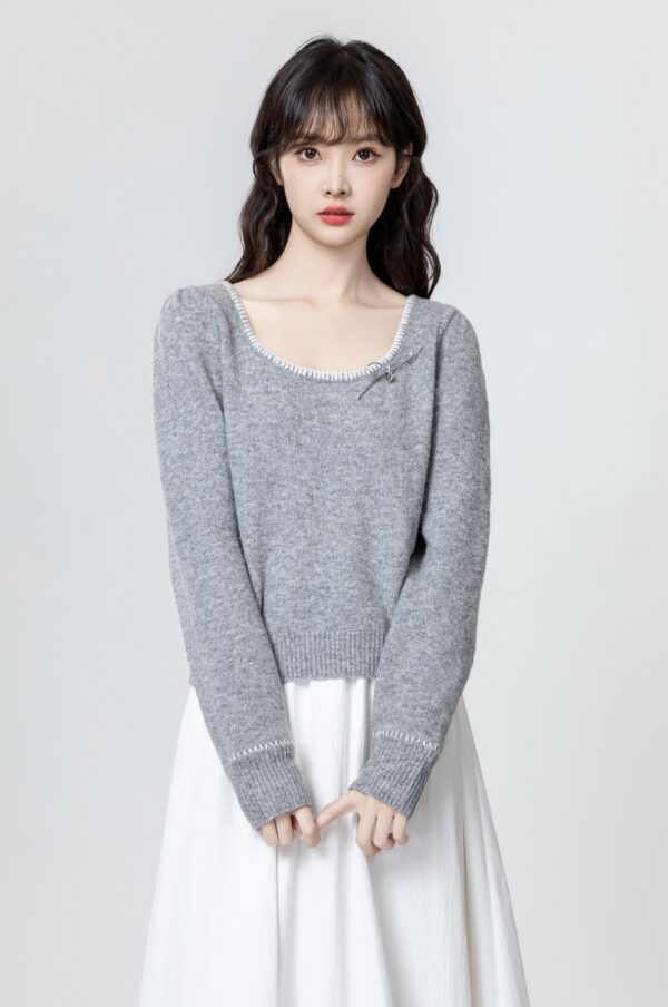 Gray Bow Knit Sweater Top - Image 5