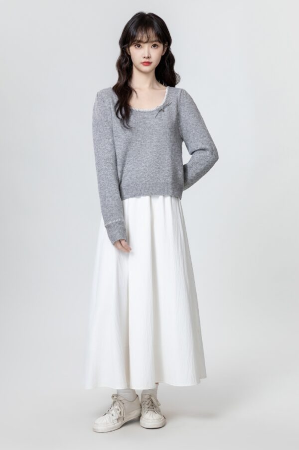 Gray Bow Knit Sweater Top - Image 6