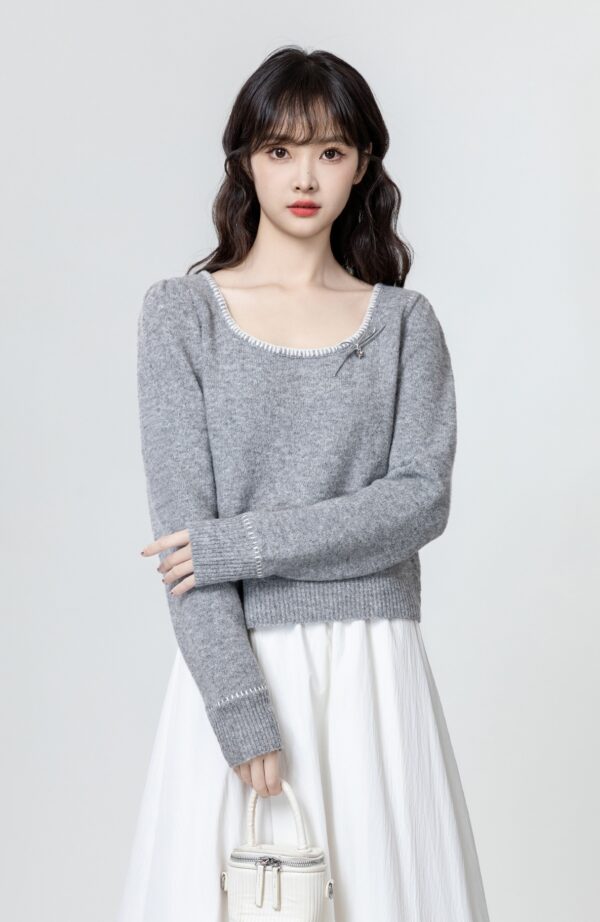 Gray Bow Knit Sweater Top - Image 3