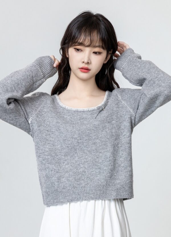 Gray Bow Knit Sweater Top - Image 2