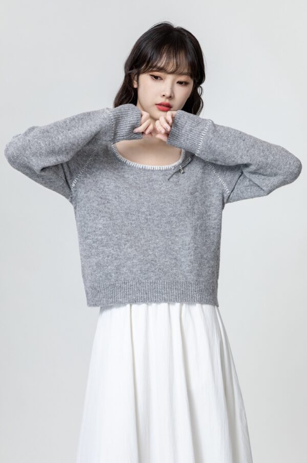 Gray Bow Knit Sweater Top - Image 4