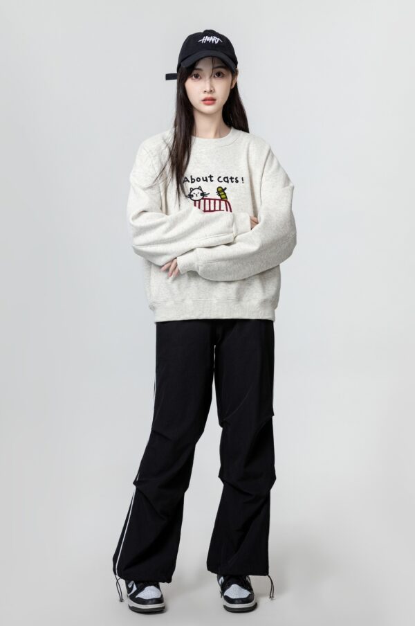 Gray Cartoon Embroidered Pullover Sweatshirt - Image 2