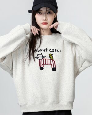 Gray Cartoon Embroidered Pullover Sweatshirt