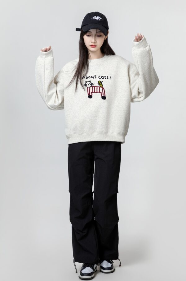 Gray Cartoon Embroidered Pullover Sweatshirt - Image 3