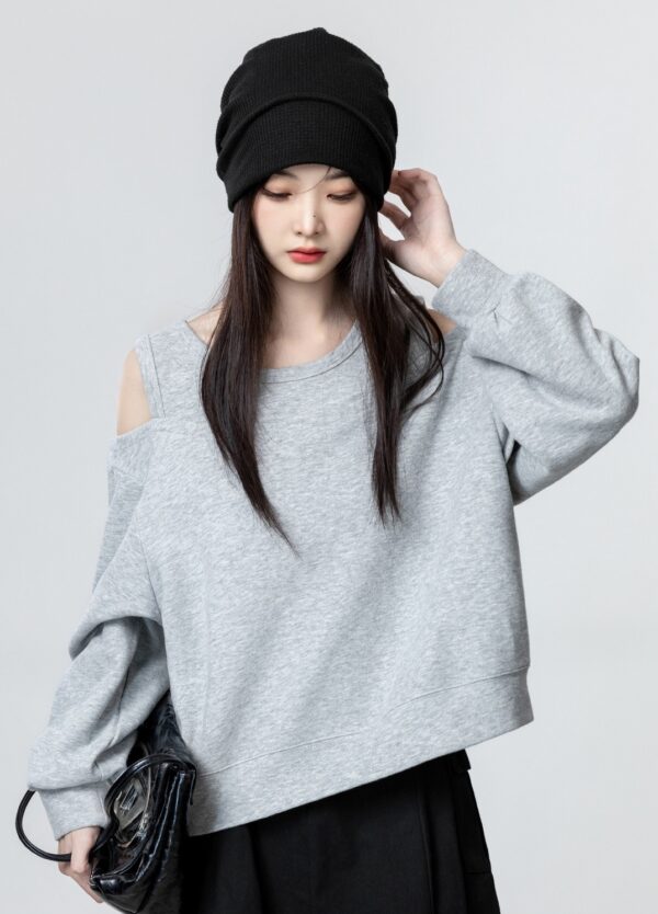 Gray Offshoulder Pullover Sweatshirt - Image 2