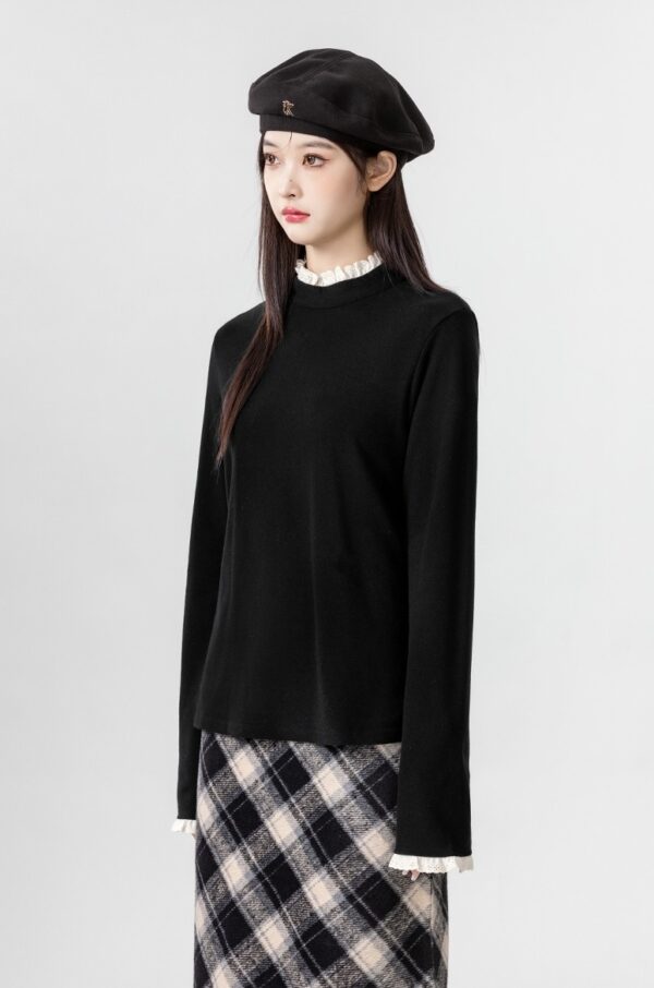 Lace Trim Black Long Sleeve Top - Image 2