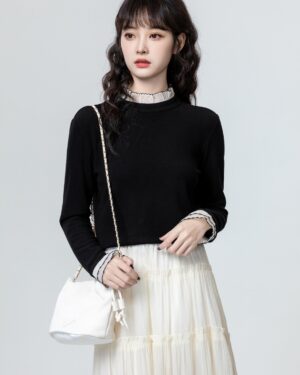 Lace Trim Black Long Sleeve Top