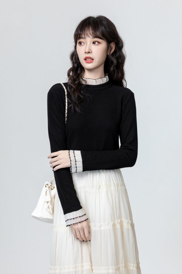 Lace Trim Black Long Sleeve Top - Image 3