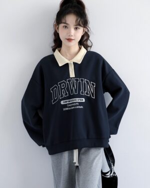 Navy Blue Polo Sweatshirt Pullover