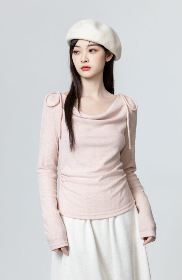 Pink Bow Tie Irregular Long Sleeve Top - Image 3