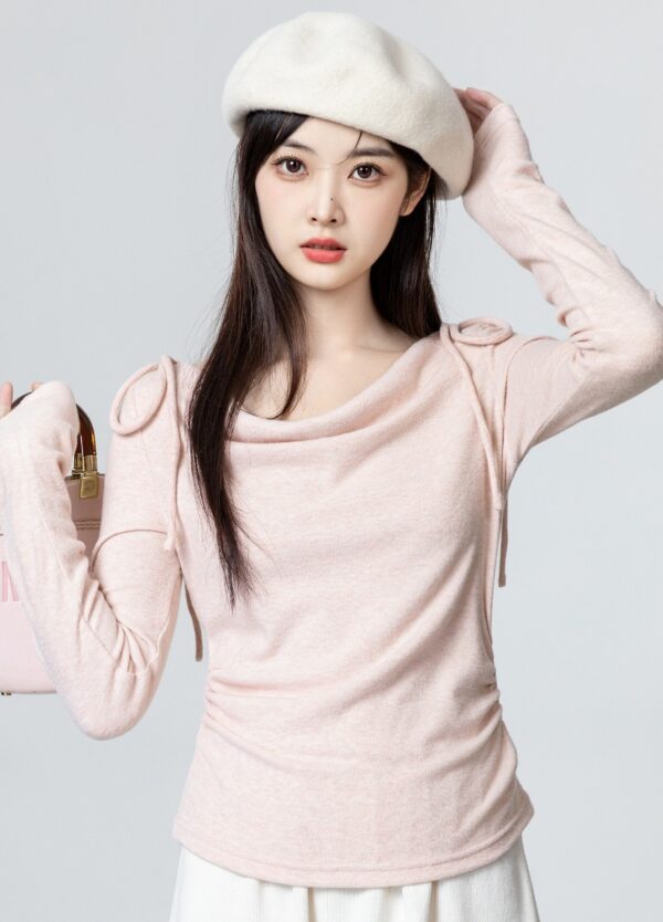 Pink Bow Tie Irregular Long Sleeve Top - Image 2