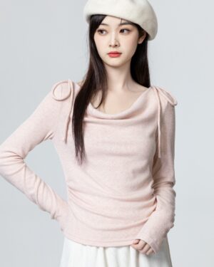 Pink Bow Tie Irregular Long Sleeve Top