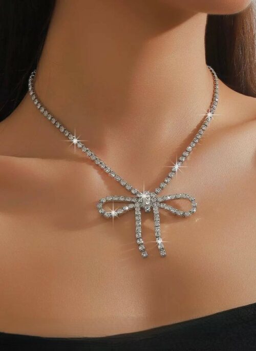 Silver Crystal Studded Bow Necklace | Irene - Red Velvet