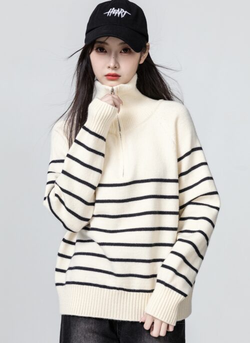 Striped High Neck Lazy Style Sweater