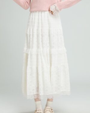 Apricot Lace High Waist Midi Skirt