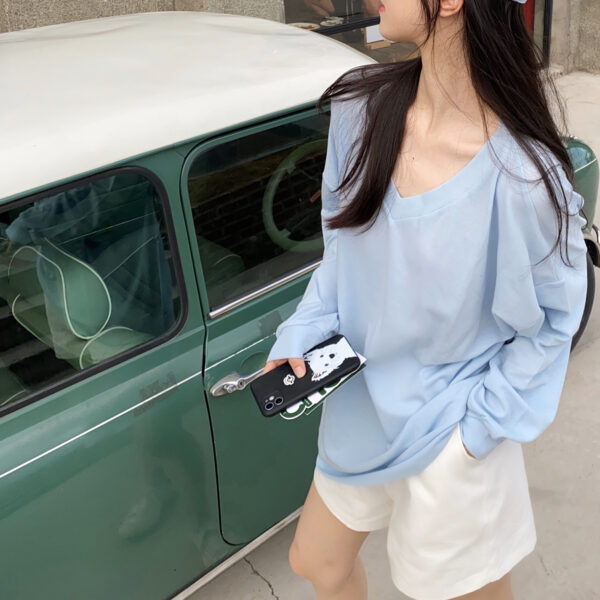 Baby Blue V-Neck Long Sleeve T-Shirt | Haerin - Newjeans - Image 7