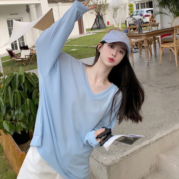 Baby Blue V-Neck Long Sleeve T-Shirt | Haerin - Newjeans - Image 3