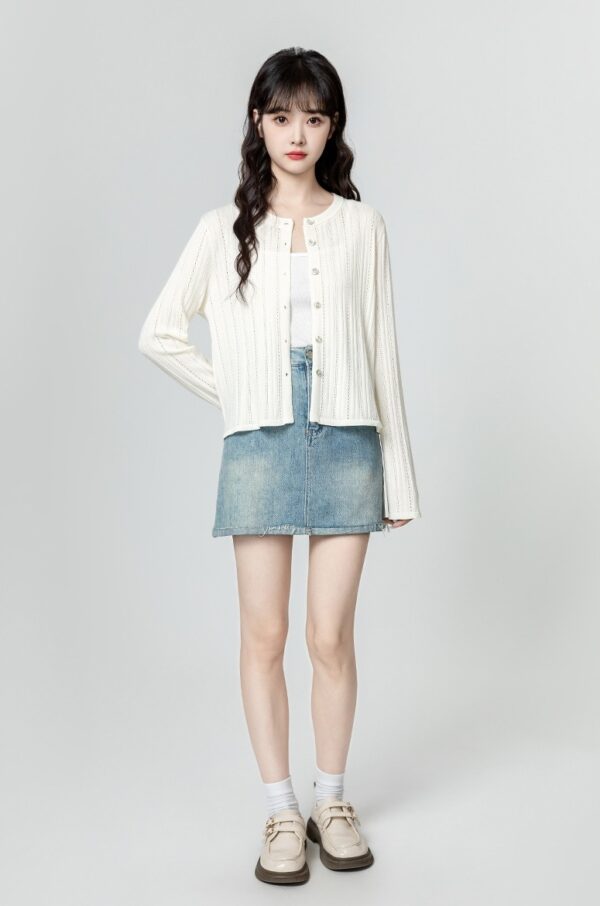 Beige Knit Cardigan With Hollow Design - Image 2