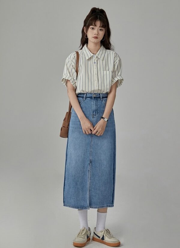 Beige Stripes Short Sleeves Shirt | Chae Yong Ju - Brewing Love - Image 6