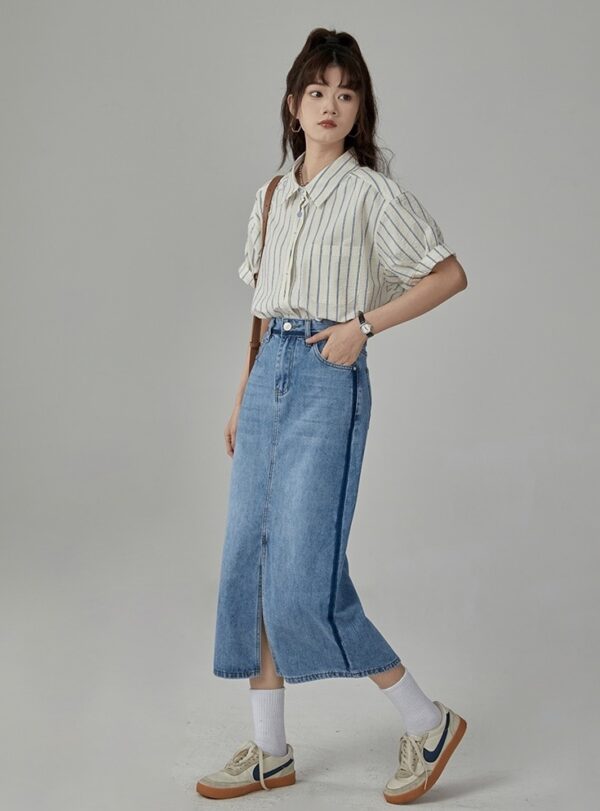 Beige Stripes Short Sleeves Shirt | Chae Yong Ju - Brewing Love - Image 7